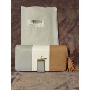 New Pomelo Best Tan White Gray Pink Stripe Faux Leather Zippy Wallet Purse RFID